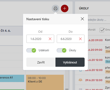 Tisk události a úkolů