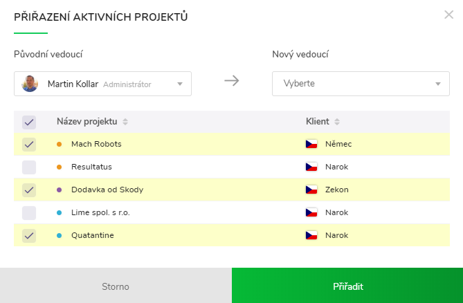 Přiřazení aktivních projektů